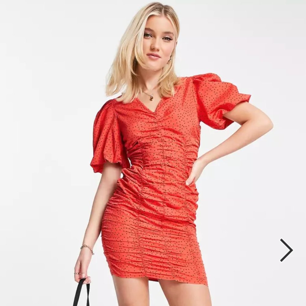 Influence ruched mini dress in red, black heart polka dot, size 8